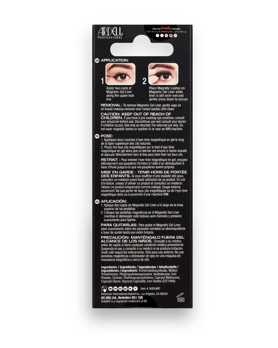 Back of Ardell Magnetic Gel Liner retail wall hook packaging featuring instructions in different languages