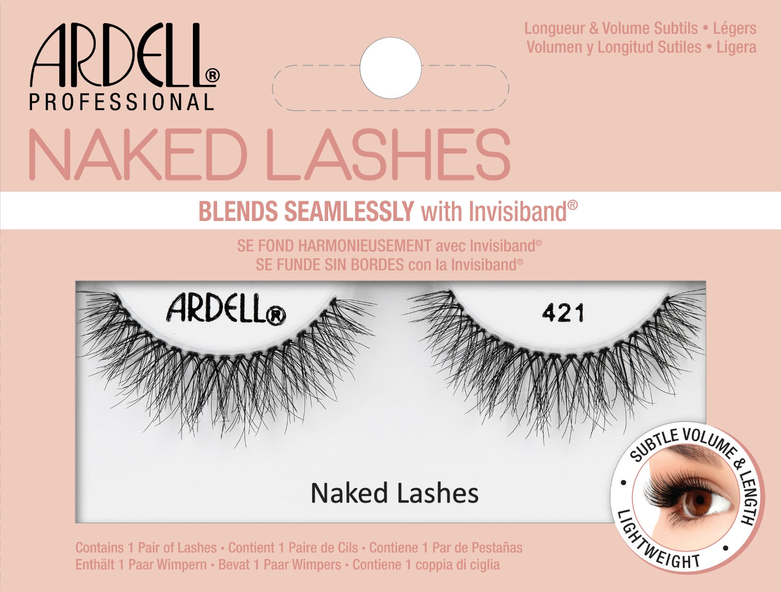 Front view of an Ardell Naked Lash 421 faux lashes set in complete retail wall hook packaging