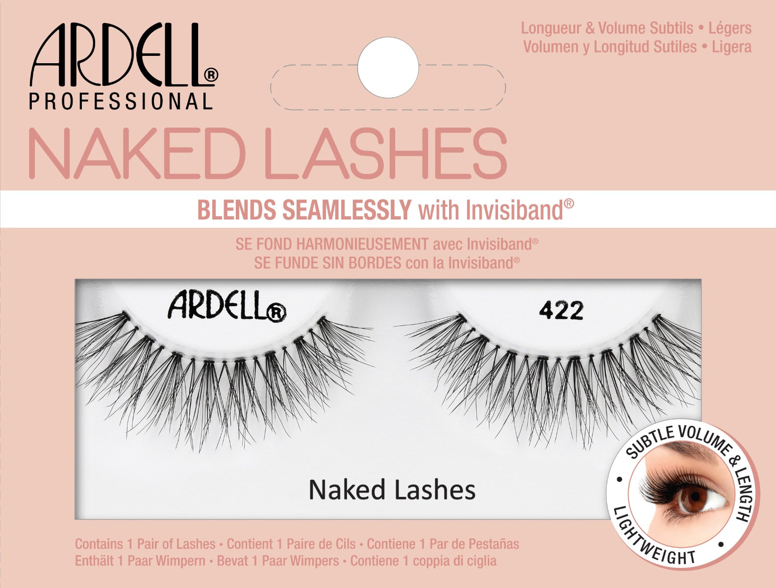Front view of an Ardell Naked Lash 422 faux lashes set in complete retail wall hook packaging