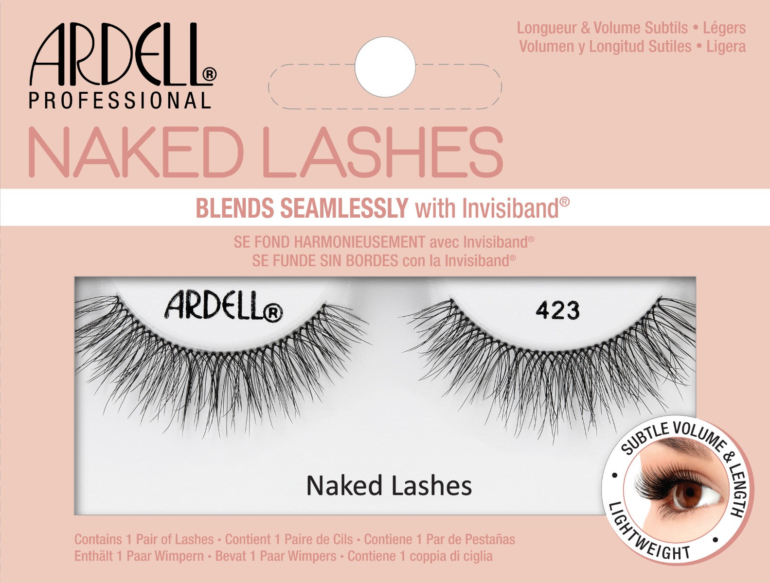 Front view of an Ardell Naked Lash 423 faux lashes set in complete retail wall hook packaging