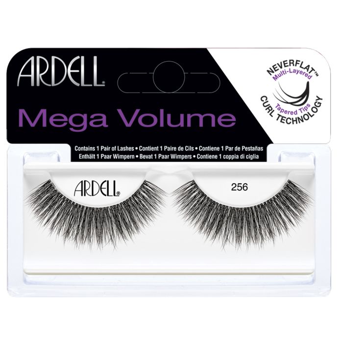 Ardell Mega Volume 256 false lashes with tapered tips and multi-layered curl technology for bold, full lash looks.