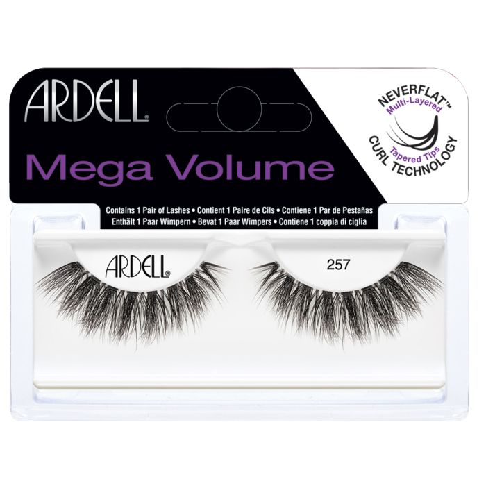 Ardell Mega Volume 257 lashes featuring flared, wispy layers with tapered tips for a bold yet fluttery lash style.
