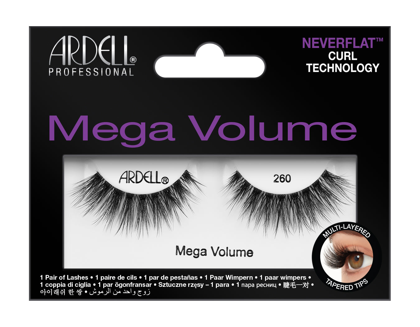 Front of Ardell Mega Volume 260 wall-hook ready packaging with product details written on it