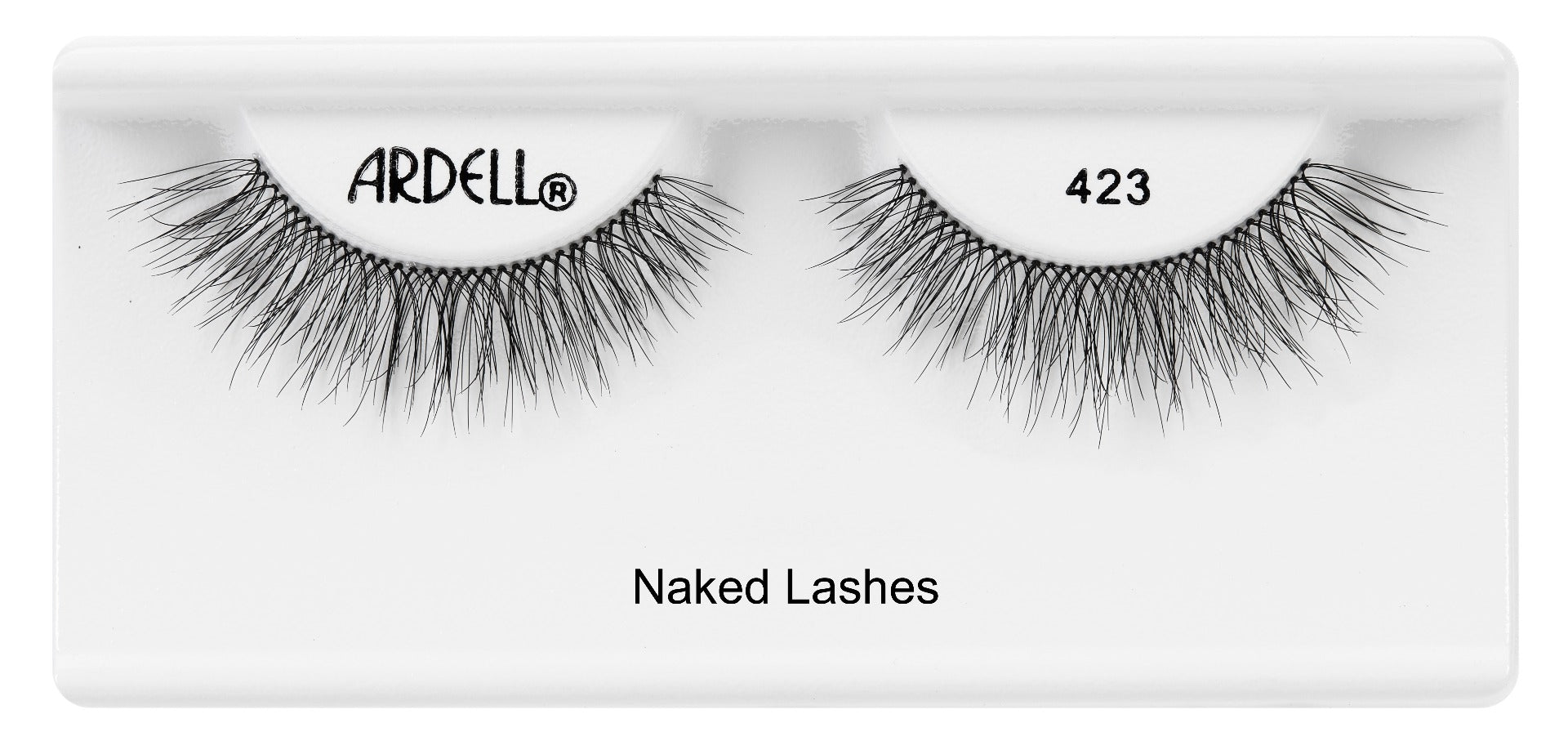 Pair of Ardell Naked Lash 423 faux lashes in inner packaging labeled "Ardell", "423", & "Naked Lashes"
