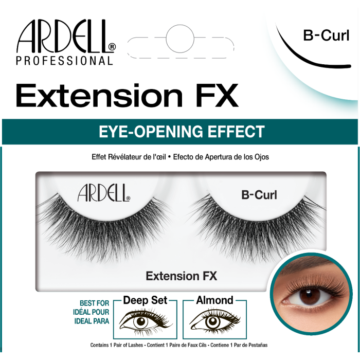 Ardell Extension FX B-Curl lashes for an eye-opening effect, ideal for deep set and almond eyes.
