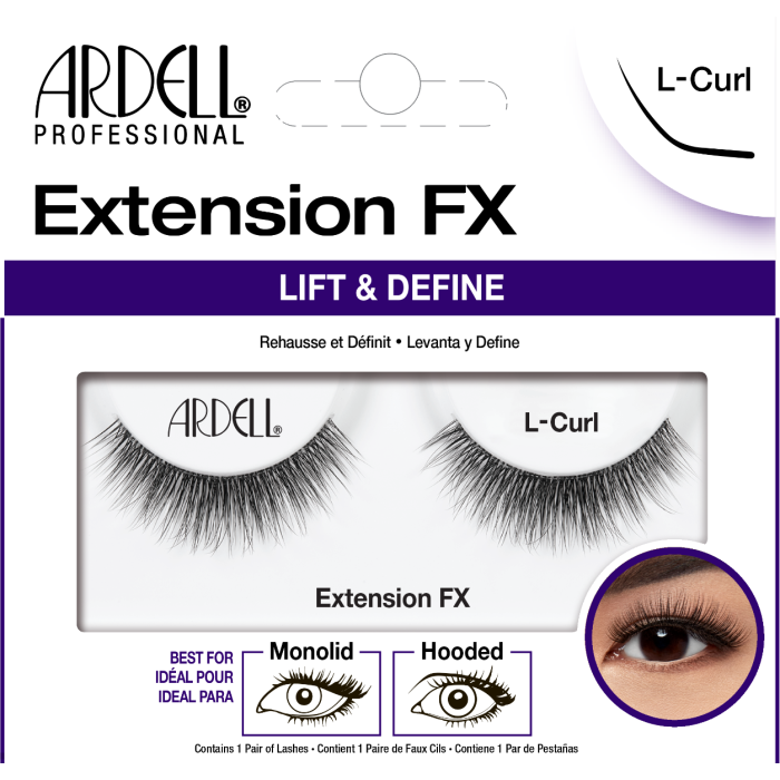 Ardell Extension FX L-Curl lashes designed to lift and define monolid and hooded eyes with a dramatic upward curl.
