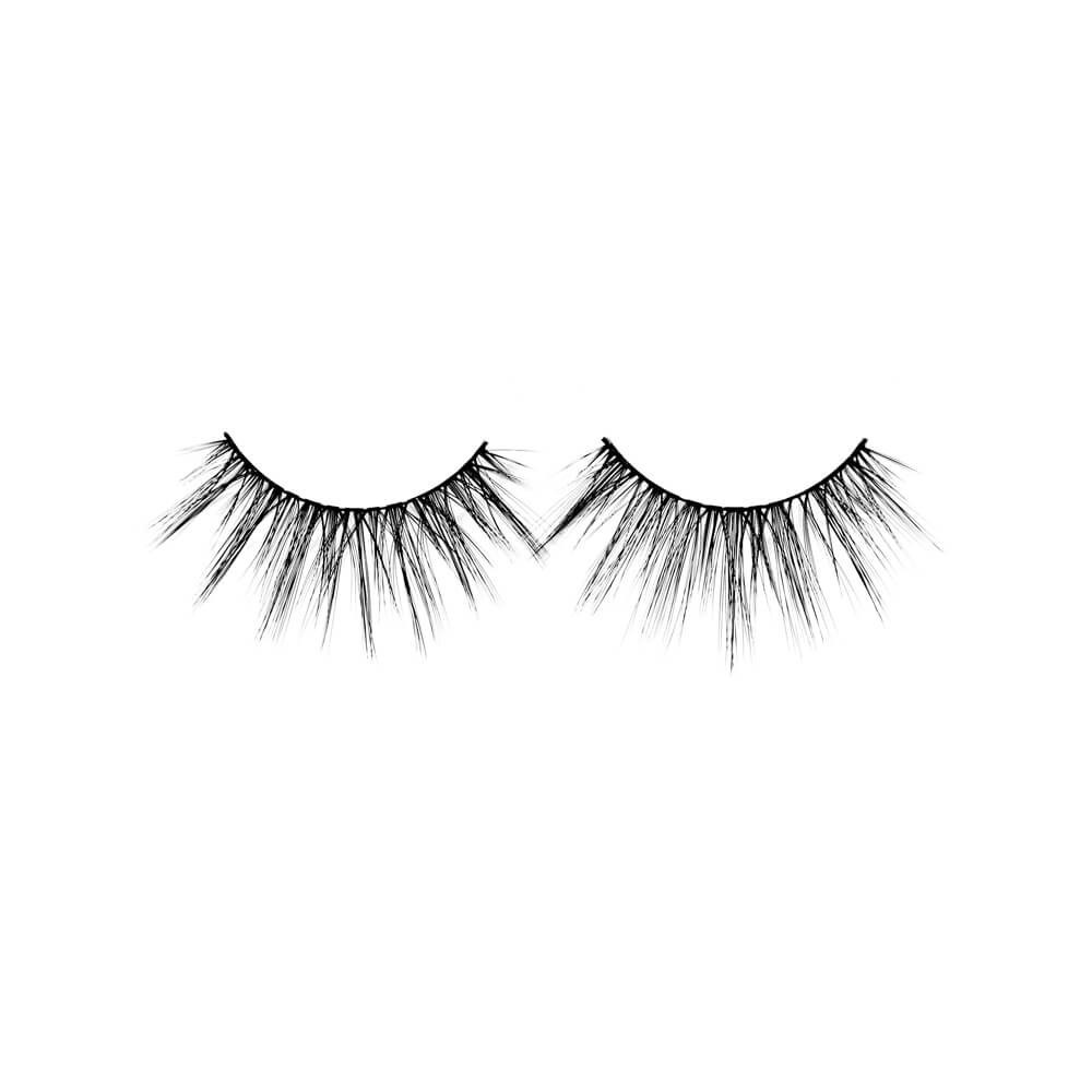 Dramatic black false lashes with spiked clusters and tapered ends for a bold, eye-catching effect.