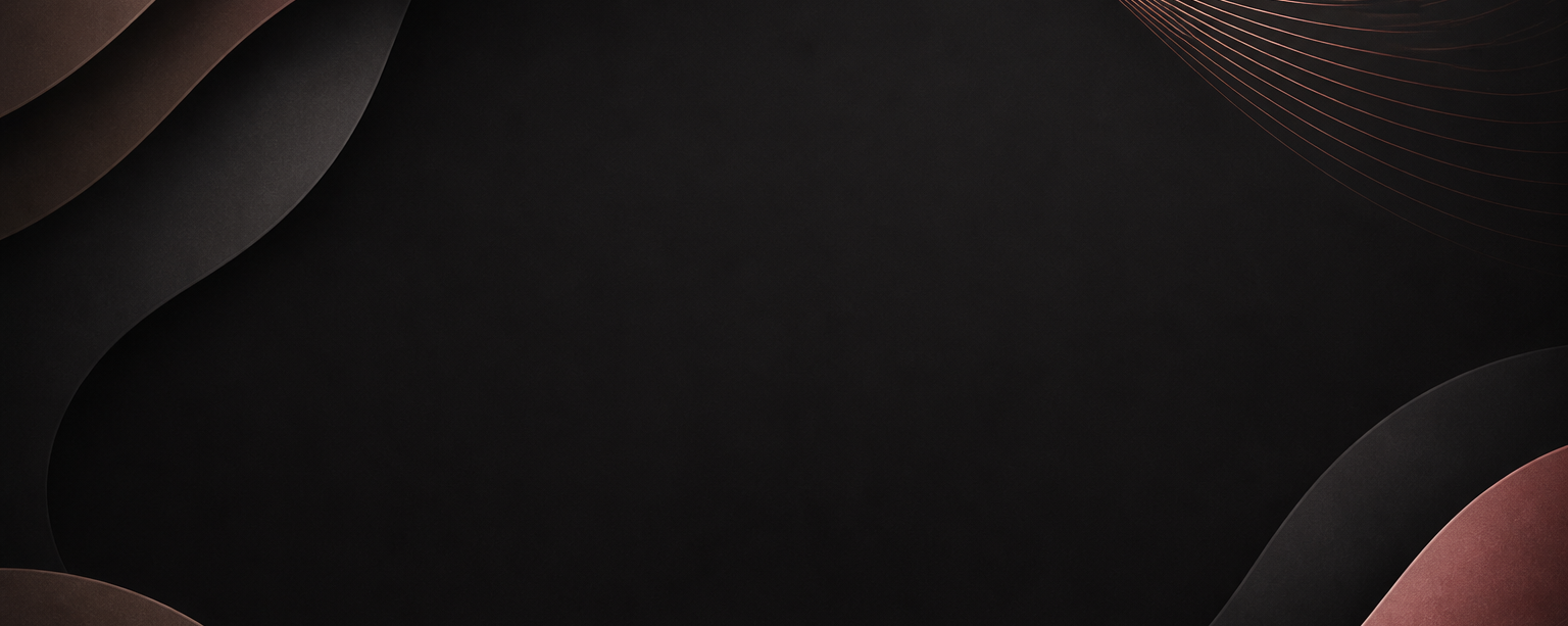 Abstract dark background with layered wavy ribbon-like shapes in black, charcoal, taupe, and dusty rose, plus fine curved line details in the upper right.