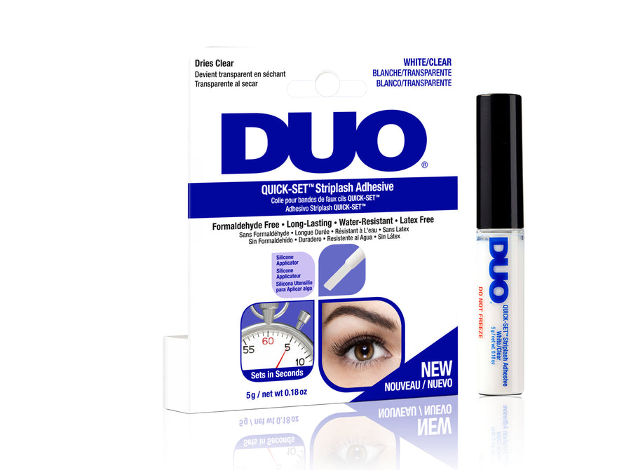 Image of DUO Quick-Set Striplash Adhesive in white/clear packaging, long-lasting, latex-free, and water-resistant.