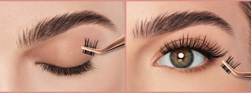 Step-by-step process of applying false eyelashes with a tool.