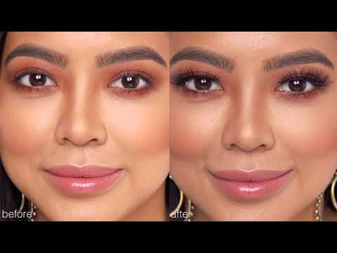 Before and after comparison of a woman wearing Ardell strip lashes, highlighting enhanced eye definition and volume.