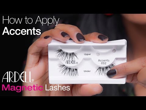 Hands holding Ardell Magnetic Accents 002 lashes with guide text on how to apply magnetic accent lashes.