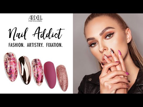 Ardell Nail Addict press-on nails in bold fashion finishes with model showing off pink and glitter nail art.
