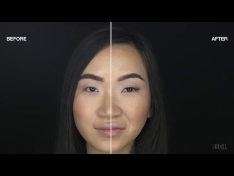 Before and after comparison of eyebrow transformation using Ardell brow products on a female model.