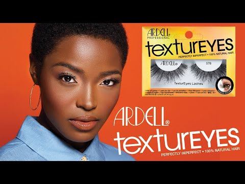 Ardell TextureEyes 576 lashes showcased on a model with natural hair, highlighting bold, textured lash volume.