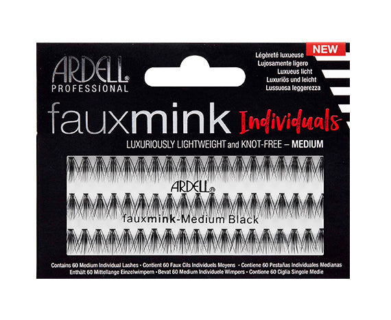 A box of 60 Medium individual Faux mink lashes by Ardell with text  describing the lashes