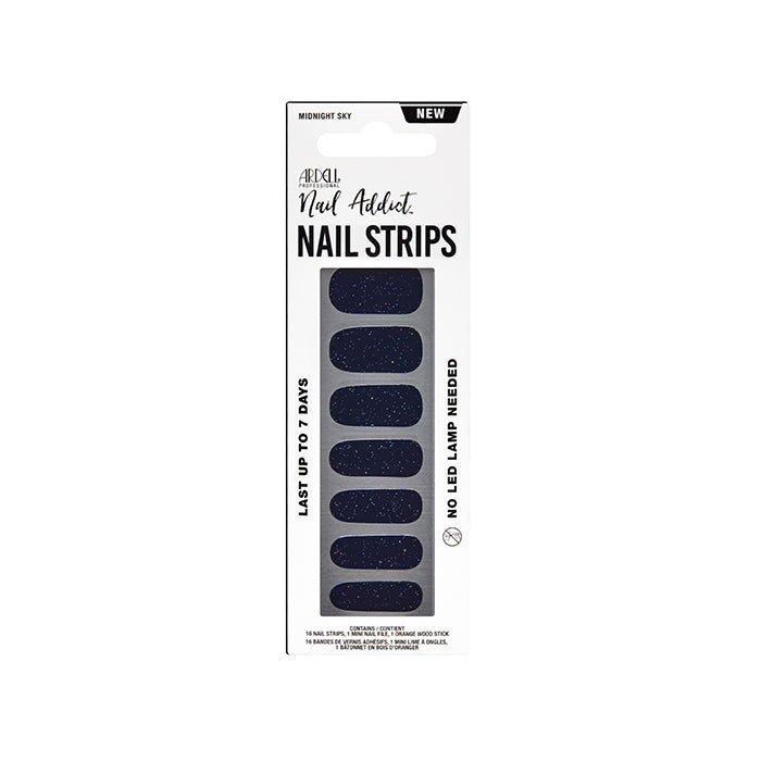Ardell Nail Addict Midnight Sky nail strips in deep navy with subtle glitter, no LED needed, lasts up to 7 days.