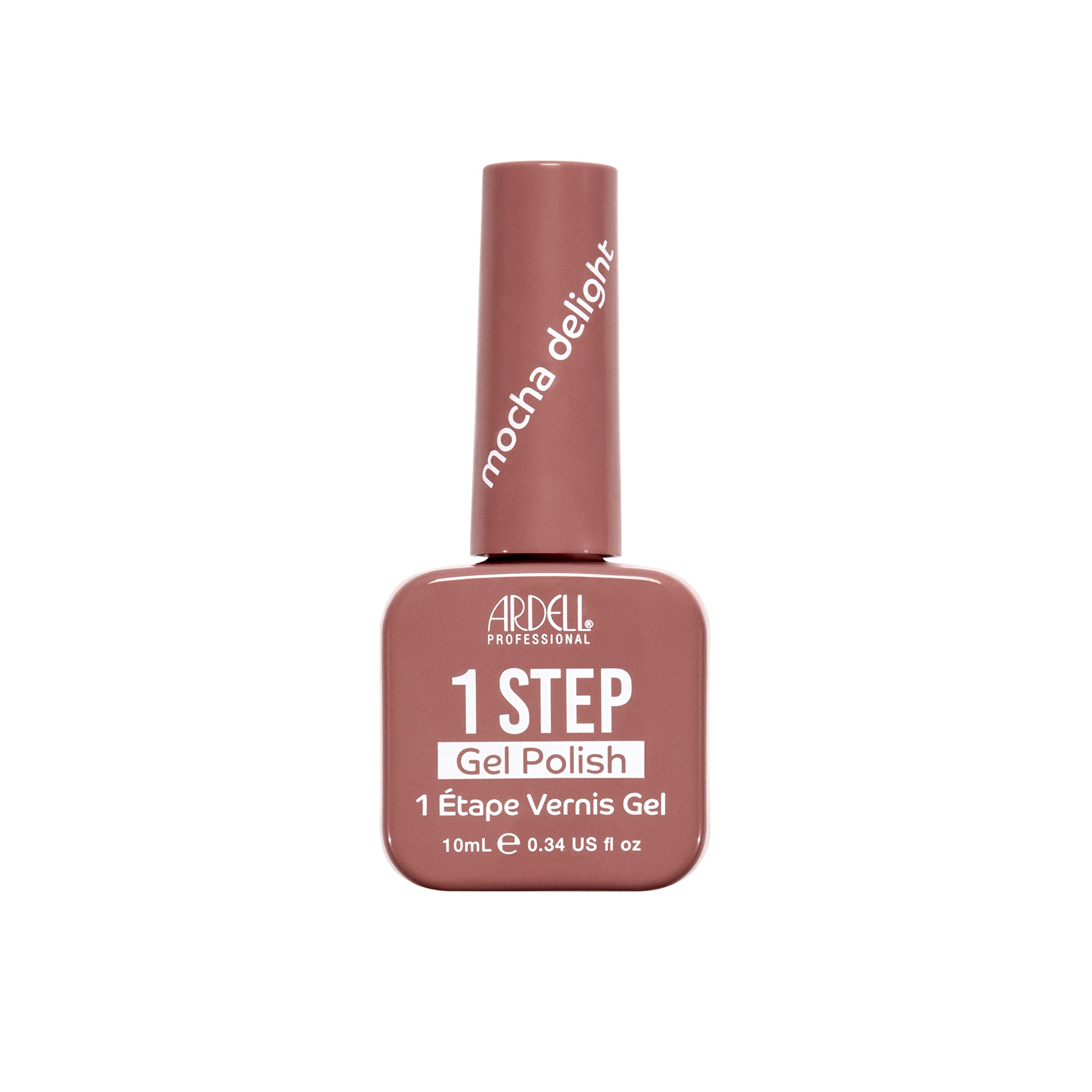 A bottle of Ardell Professional 1 Step Gel Polish in the shade 'mocha delight', featuring a dusty rose-brown color with a matching cap, set against a plain white background.