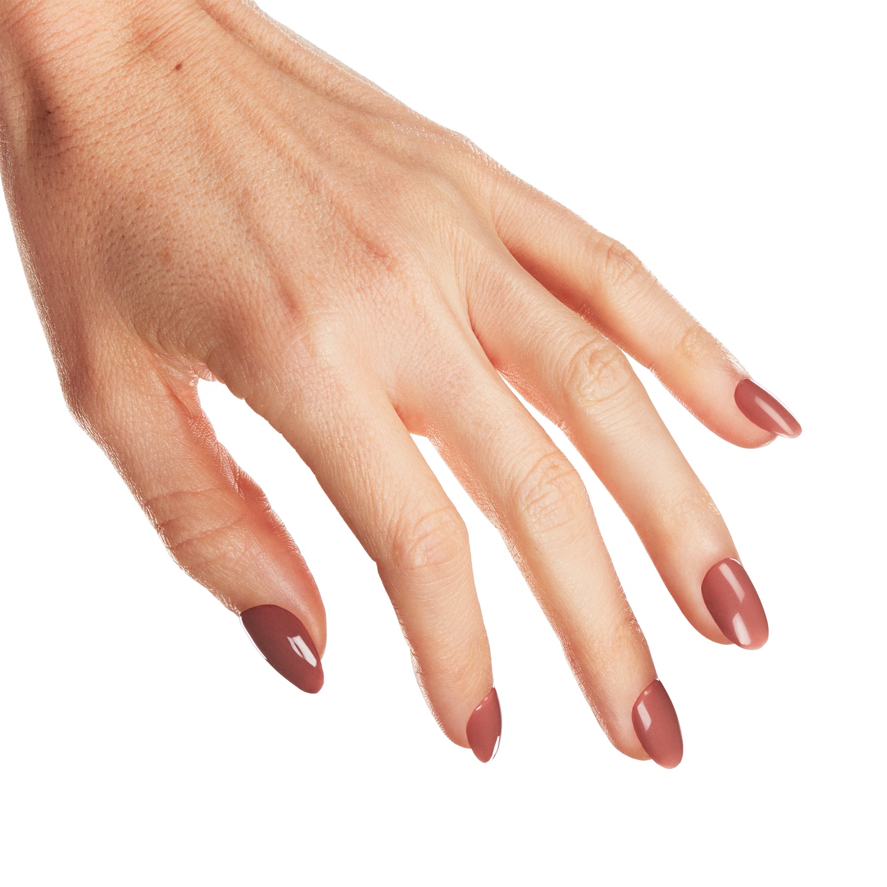 A close-up of a hand with neatly manicured nails painted in a glossy dusty rose or mauve shade, set against a solid white background.