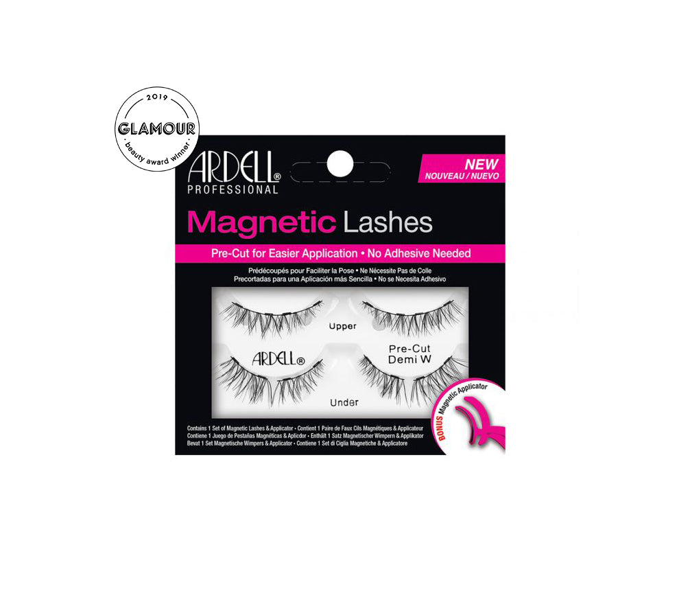Front view of a full set of Ardell Pre-cut Magnetic Demi Wispies faux lashes in retail wall hook packaging.
