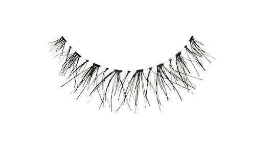 A closeup shot of left wing of Ardell Baby Wispies showing its light volume, short length lash style