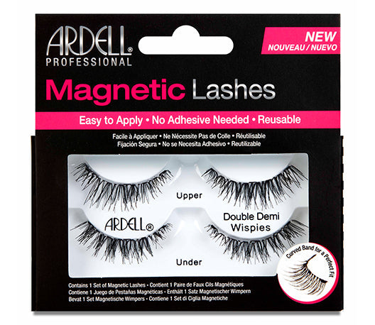 Front view of full Ardell Magnetic Double Demi Wispies false lashes set in complete retail wall hook packaging