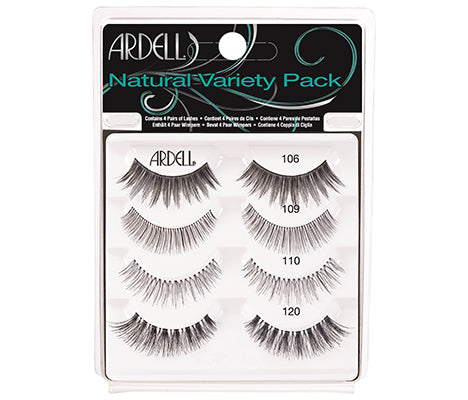 4 different pairs of faux lashes in 1 pack of Ardell Natural Variety placed in its retail wall hook packaging 
