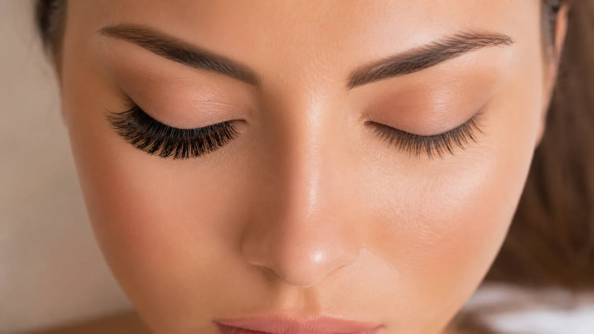 Close-up of a woman's face with long eyelashes and closed eyes.