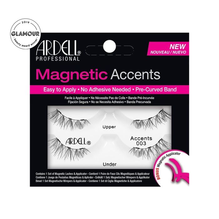 Front view of full upper & lower Ardell Magnetic Accents 003 faux lashes set in complete retail wall hook packaging