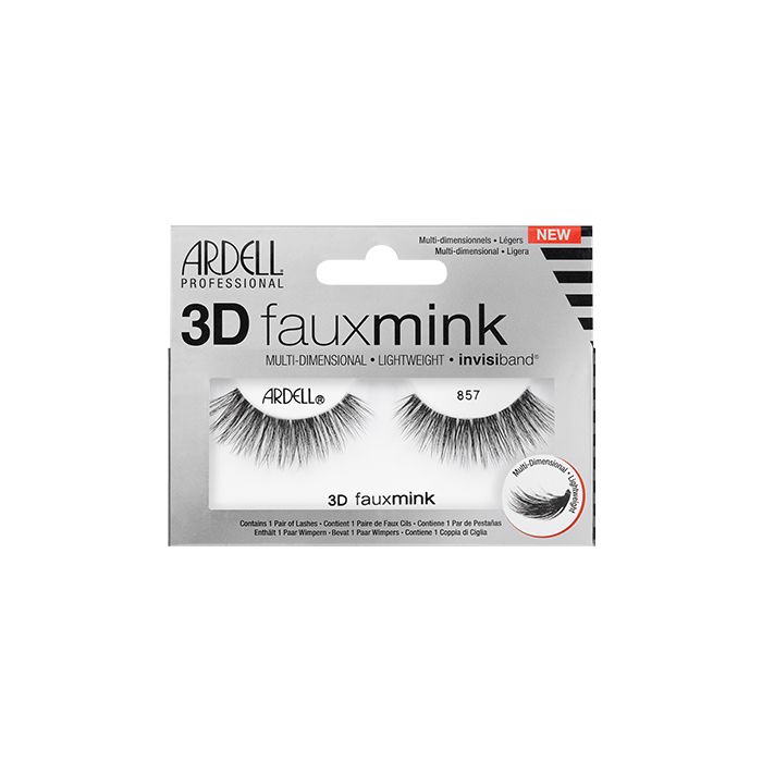 A pair of Ardell's 3D Faux Mink 857 eyelash in packaging that describes the false eyelashes 