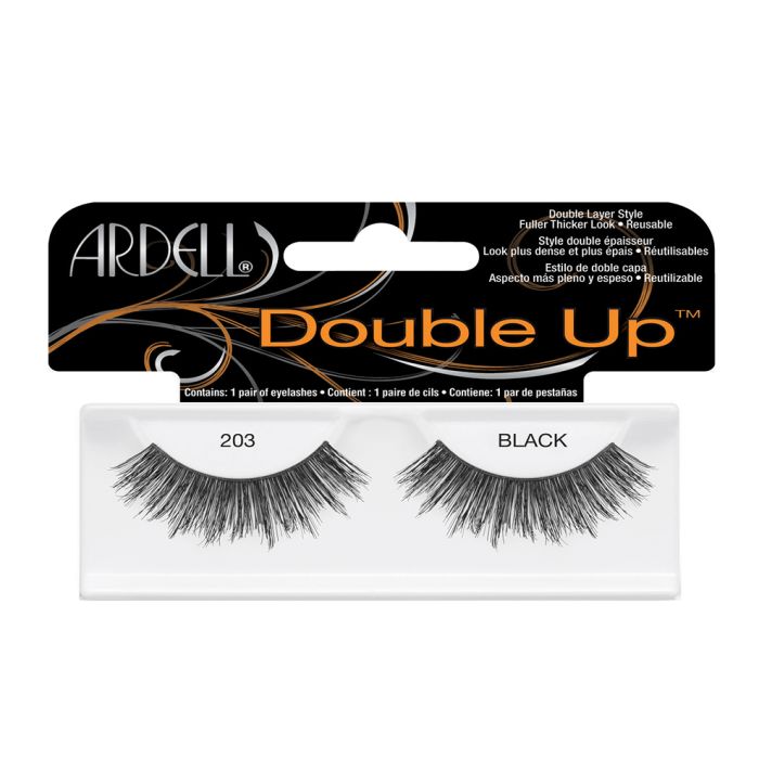 A single pair of Ardell Double Up Lash 203 inside its retail packaging with some text written on it