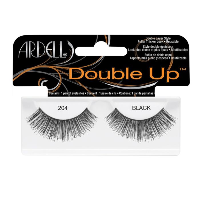 A pair of Ardell Double Up 204 featuring its full, fluffy & two-layered lashes in its wall-hook ready packaging