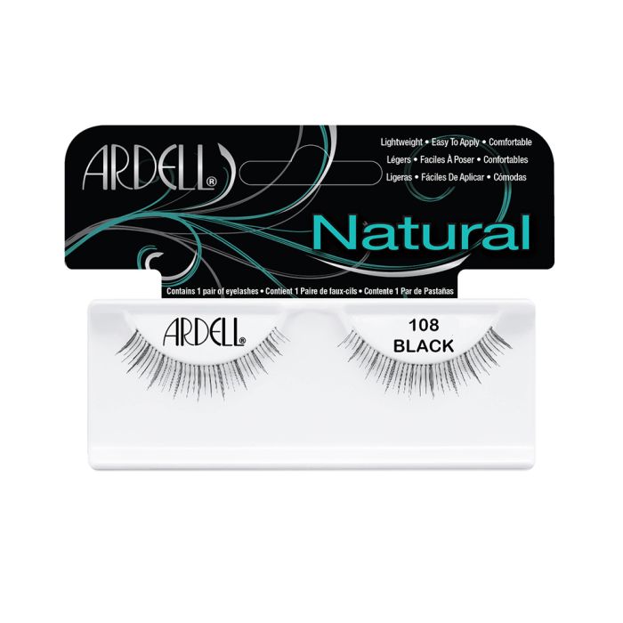 Front view of an Ardell Natural 108 faux lashes set in complete retail wall hook packaging