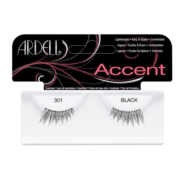 Front view of an Ardell Lash Accent 301 faux lashes set in complete retail wall hook packaging