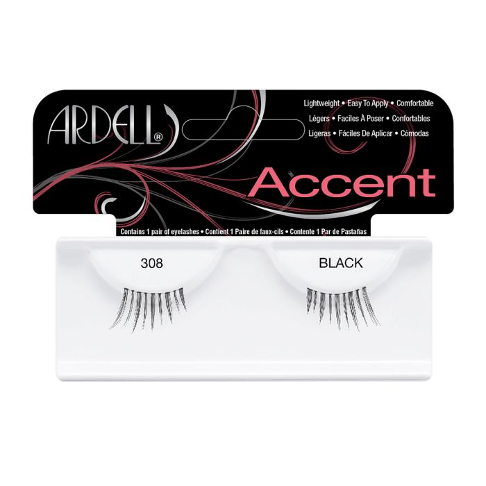 Front view of an Ardell Lash Accent 308 faux lashes set in retail wall hook packaging