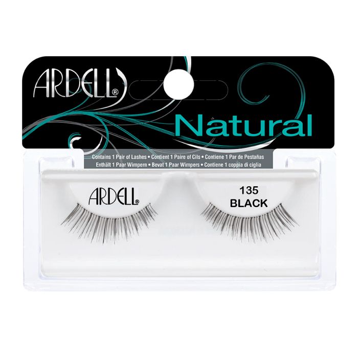 Front view of an Ardell Natural 135 faux lashes set in complete retail wall hook packaging