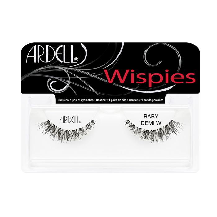 A single pair of Ardell Baby Demi Wispies inside its retail packaging with some texts on  it