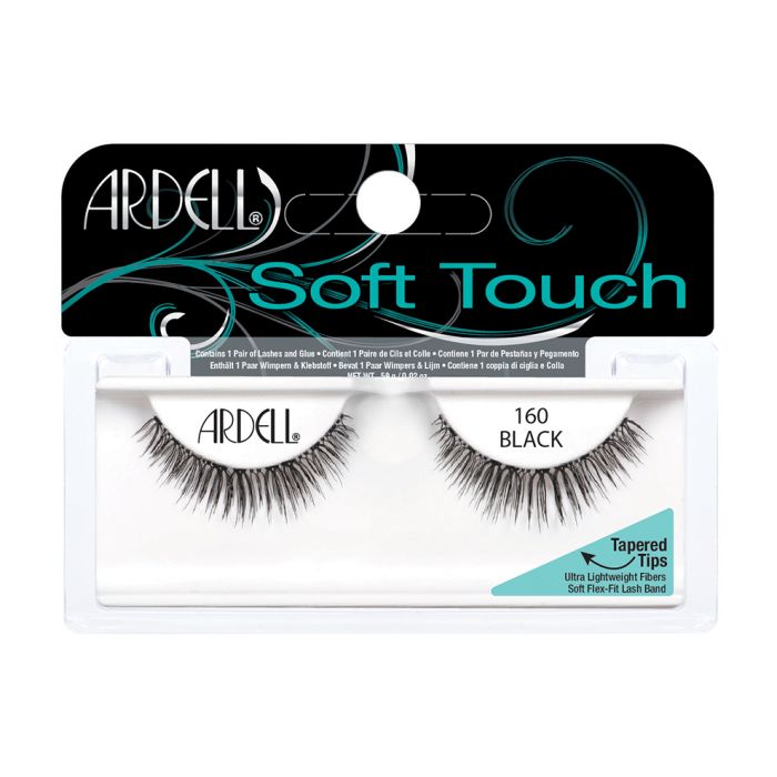 Front view of an Ardell Soft Touch 160 faux lashes set in complete retail wall hook packaging