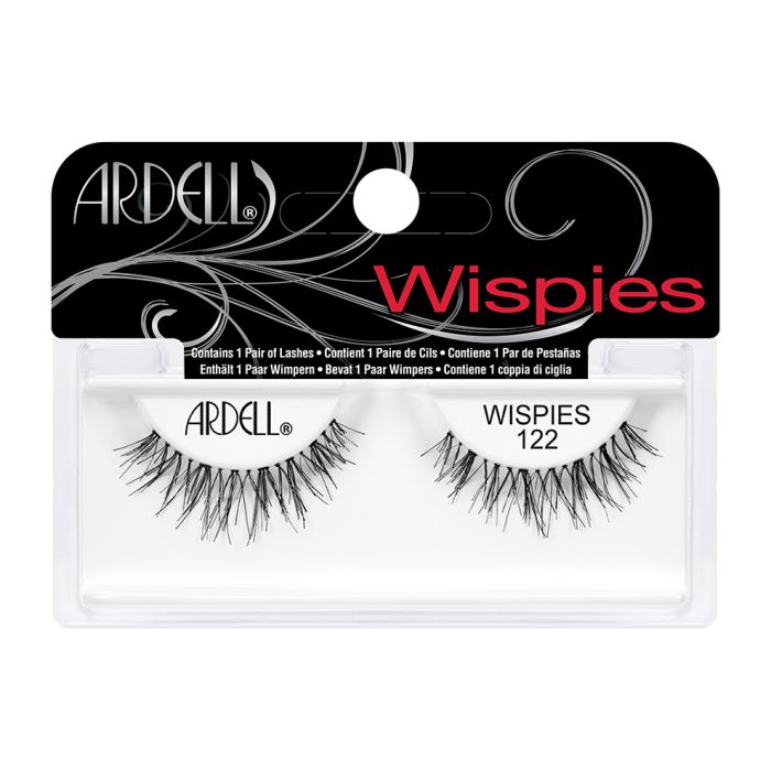 Ardell Wispies 122 inside its retail packaging with some product texts on  it