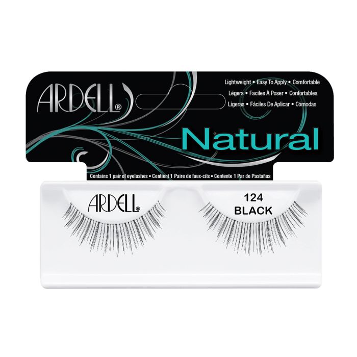 A pair of Ardell Natural 124 in a single pack retail lash package with "124 Black" label text and printed product details