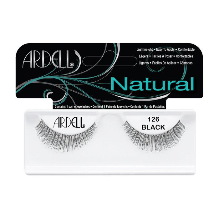 Front view of an Ardell Natural 126 faux lashes set in complete retail wall hook packaging with printed text