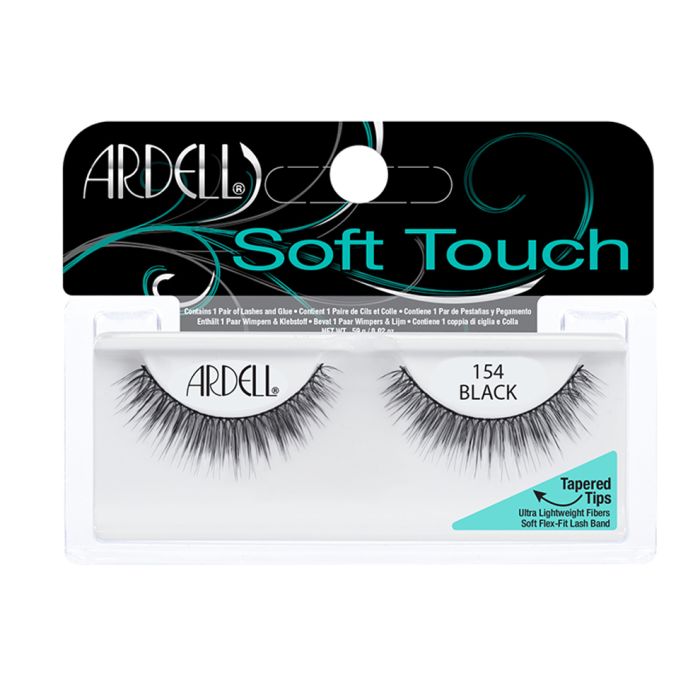 Front view of an Ardell Soft Touch 154 faux lashes set in complete retail wall hook packaging