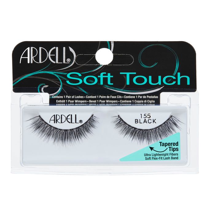 Front view of an Ardell Soft Touch 155 faux lashes set in complete retail wall hook packaging