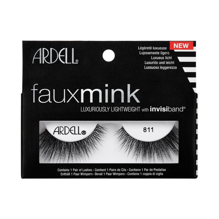 A single pair of Ardell's 3D Faux Mink 811 eyelash inside its box indicating details on the packaging 