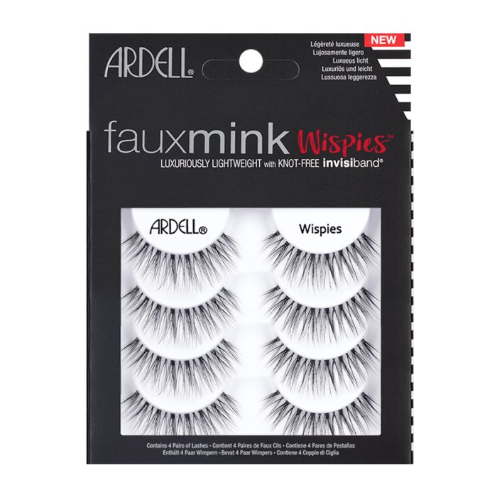 A set of Ardell Fauxmink Wispies in 4 pairs placed inside its retail packaging