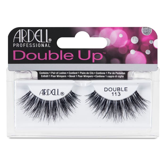 A single pair of Ardell Double Up 113 inside its retail packaging with some text written on it