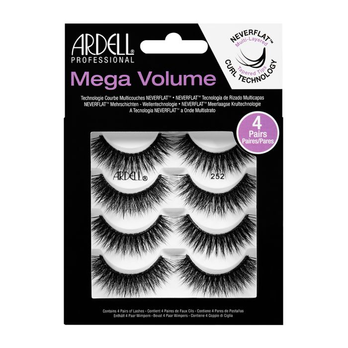 Front view of an Ardell Mega Volume 252 faux upper lashes 4-pack set in complete retail wall hook packaging