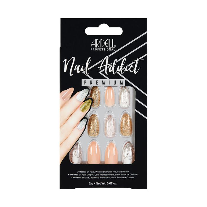 Front view of Ardell Nail Addict Premium  pink marble and gold retail packaging