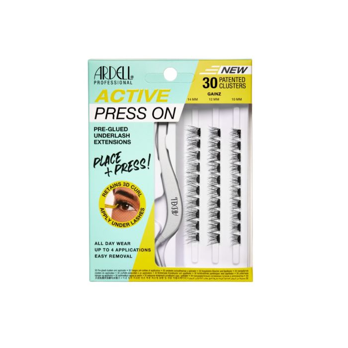 Front view of Press On Active Underlash Extensions Gainz in wall hook packaging 