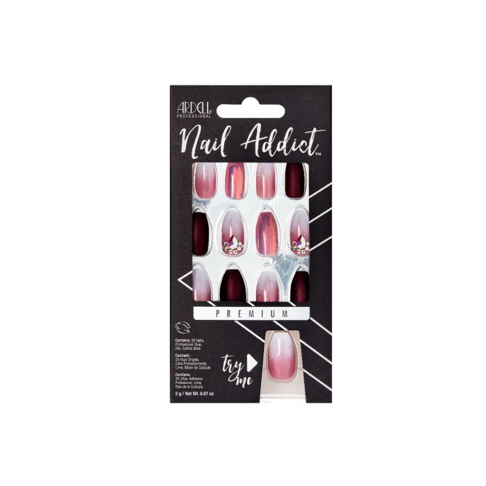 Frontage of Ardell Nail Addict Sparkling Tiara color shade placed in a wall-hook ready retail pack  with label text